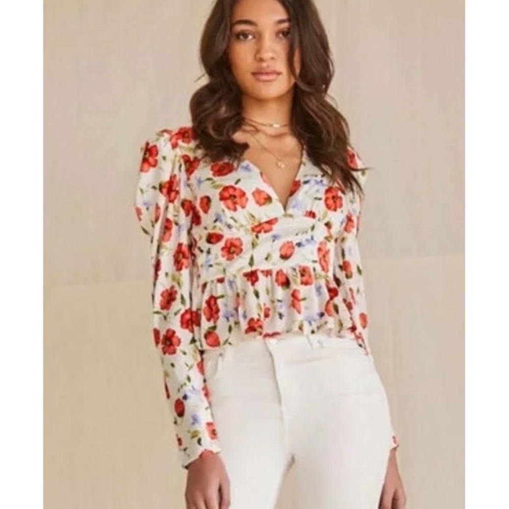 Forever‎ 21 Floral Top Blouse Feminine Romantic Dainty Girly Puff Sleeves Medium